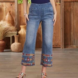 Back in the Saddle Baja‎ Embroidered Pull-On Cropped Jeans, Size 2X